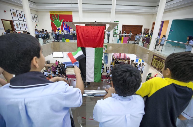 DUBAI, UNITED ARAB EMIRATES - Students from Gems Royal Dubai School celebrating UAE flag day.  Leslie Pableo for The National fro Anam Rizvi’s story