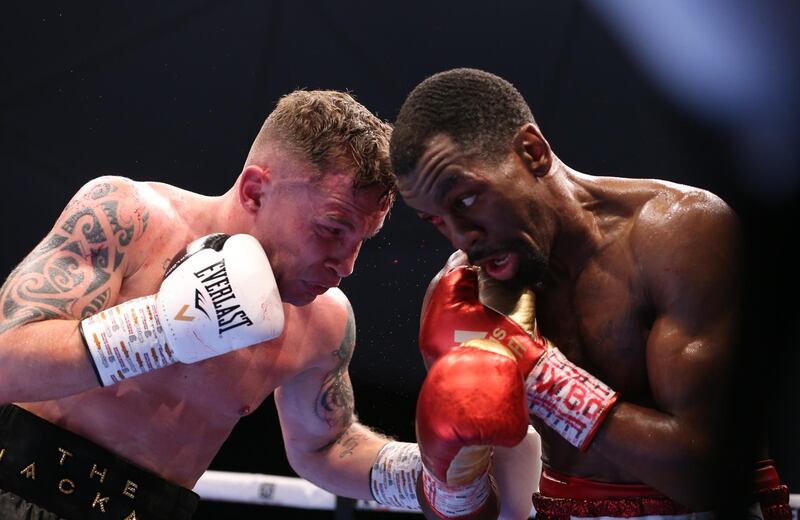 Carl Frampton of Northern Ireland in action against Jamel Herring of the US.