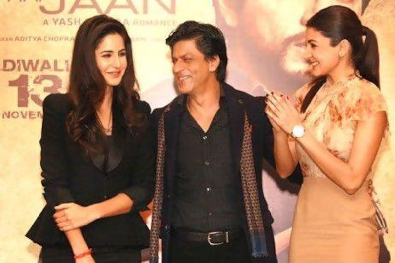 The Bollywood actors from left, Katrina Kaif, Shah Rukh Khan,and Anushka Sharma at a press conference for the film Jab Tak Hai Jaan in New Delhi IANS / Amlan