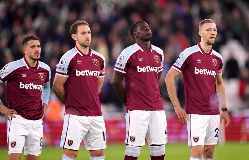 Kurt Zouma lines up alongside his West Ham teammates ahead of the Premier League game against Watford. PA