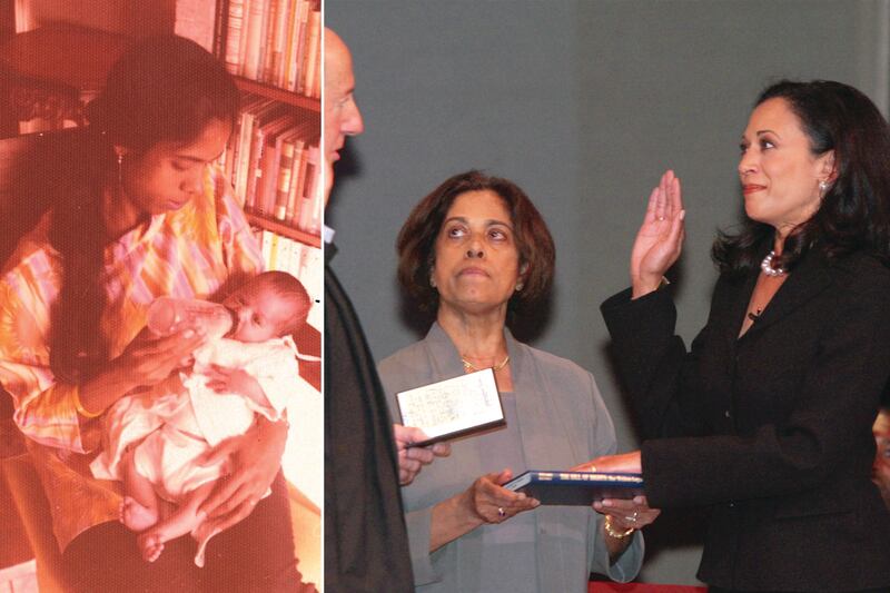 Kamala Harris's mother Shyamala Gopalan holding her as a baby and watching her be sworn in San Francisco's new district attorney in 2004. AFP/ AP
