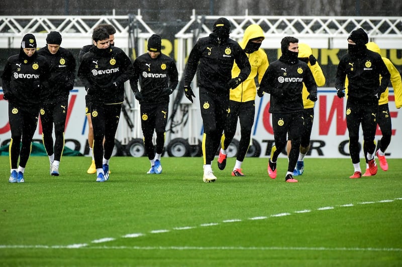Dortmund players attend a training session in Dortmund, Germany. EPA
