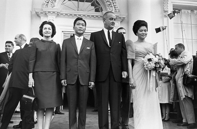 Ferdinand Marcos Sr and his wife Imelda visit the White House and pose with Lyndon and Lady Bird Johnson, circa 1965. Getty Images