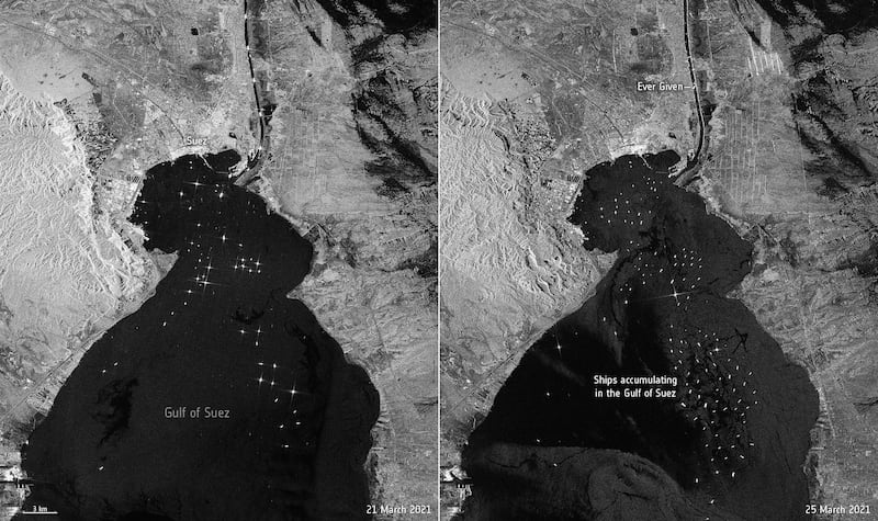 The image on the right shows regular traffic flow on the Suez Canal and the left one shows cargo pile up after Ever Given ran aground. European Space Agency 