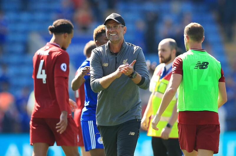 LEICESTER, ENGLAND - SEPTEMBER 01:  Jurgen Klopp, Manager of Liverpool celebrates on the final whistle during the Premier League match between Leicester City and Liverpool FC at The King Power Stadium on September 1, 2018 in Leicester, United Kingdom.  (Photo by Marc Atkins/Getty Images)