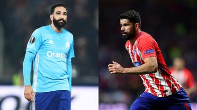Adil Rami of Marseille, left, will have to contain the rampaging Diego Costa of Atletico Madrid. Getty Images