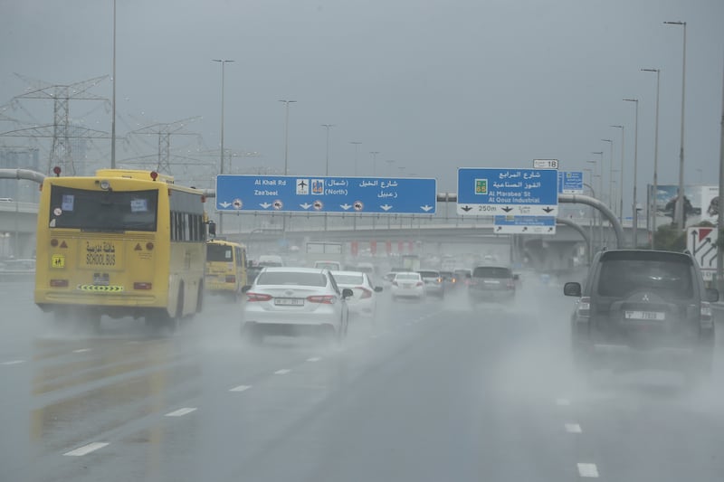 Torrential rain fell on parts of Dubai on Tuesday. Pawan Singh / The National