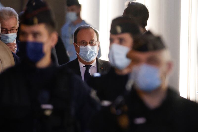 Former French president Francois Hollande arrives at the courthouse in Paris on Wednesday. EPA