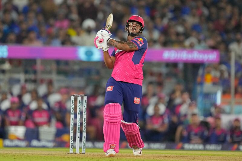 Rajasthan Royals' Shimron Hetmyer launches the ball en route to making a score of 26. AP 