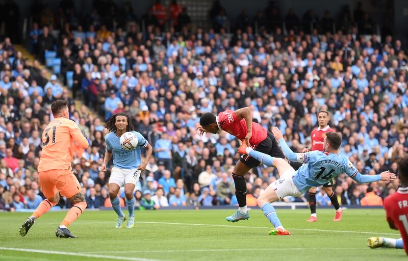 Aymeric Laporte (On for Gundogan 75’) 6: Headed corner wide of target, beaten to ball by Martial for United’s second. Getty
Julian Alvarez (On for De Bruyne 75’) 6 Could have made it seven but first touch let him down.
Cole Palmer (On for Grealish 75’) 6: Part of quadruple substitution that took steam out of City.
