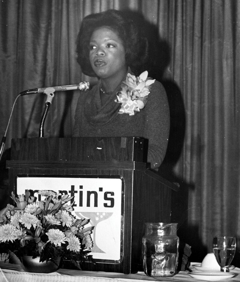 Oprah Winfrey speaks at a podium early in her career, during her time at WJZ, Baltimore, Maryland, January 20, 1978. (Photo by Afro American Newspapers/Gado/Getty Images)