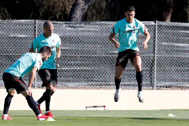 Joao Moutinho, Pepe and Cristiano Ronaldo train for the World Cup qualifier against Luxembourg. EPA