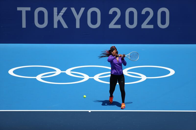 Naomi Osaka hits a forehand during a practice session ahead of the Tokyo Olympics.