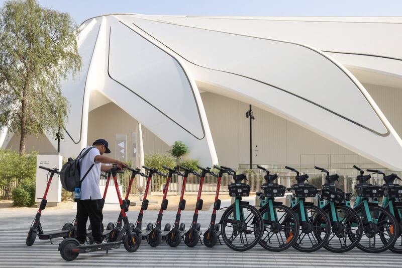 E-scooters and bicycles for hire at the Green Zone ahead of the Cop28 in Dubai last November. Renewable energy has grown in importance in recent years. Bloomberg