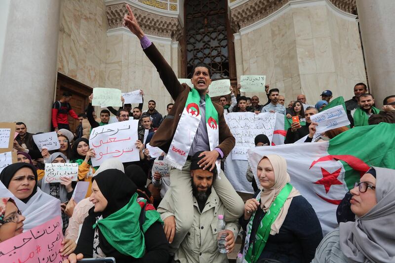 Employees of the Algerian Ministry of Vocational Education and Training protest against extending President Abdelaziz Bouteflika's mandate in Algiers, Algeria.  EPA