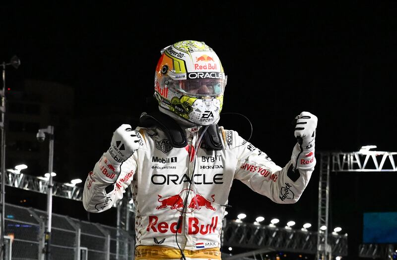 Red Bull driver Max Verstappen celebrates winning the Las Vegas Formula One Grand Prix. AFP