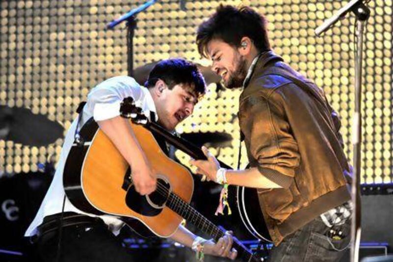 Marcus Mumford and Winston Marshall of Mumford and Sons perform at the recent Glastonbury music festival. Shirlaine Forrest / WireImage