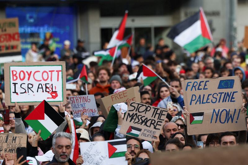 Participants chanted slogans such as “free, free Palestine” and “boycott Israel” while waving Palestinian flags. Reuters