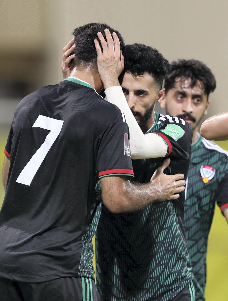 UAE's Ali Mabkhout scores during the game between the UAE and Indonesia in the World cup qualifiers at the Zabeel Stadium, Dubai on June 11th, 2021. Chris Whiteoak / The National. 
Reporter: John McAuley for Sport