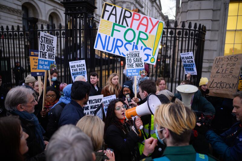 NHS workers and supporters gather outside Downing Street in London on the second day of strike action by nurses on Tuesday. Getty