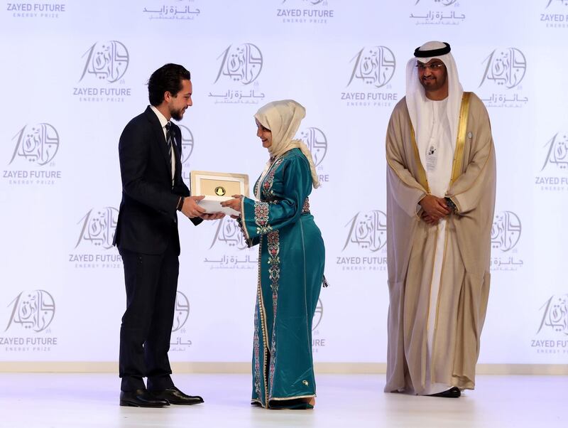 Abu Dhabi, United Arab Emirates - January 15th, 2018: Winner Aouda Saadia High School (Africa) at the Sheikh Zayed Future Energy Prize awards ceremony as part of Abu Dhabi Sustainability Week. Monday, January 15th, 2018 at Abu Dhabi National Exhibition Centre (ADNEC), Abu Dhabi. Chris Whiteoak / The National