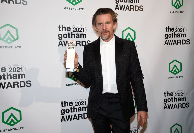 Ethan Hawke poses with the Outstanding Performance in a New Series Award. AP