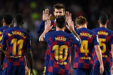 Barcelona's Lionel Messi celebrates his goal with against Sevilla at the Camp Nou. AFP