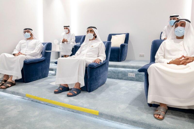 Sheikh Mohammed bin Rashid, Vice President and Ruler of Dubai, Sheikh Ahmed bin Saeed, chief executive of Emirates Group, and Mohammed Al Gergawi, Minister of Cabinet Affairs and the Future, attend the launch of New Media Academy. Courtesy: Dubai Media Office