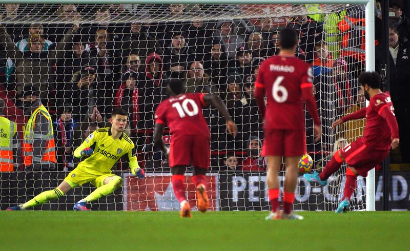 18. Mohamed Salah scores in the 6-0 win against Leeds on February 23. PA