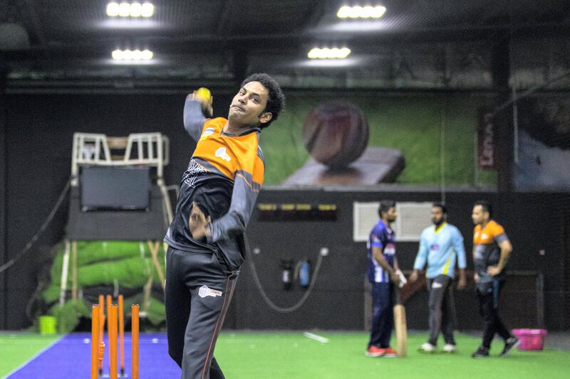 Dubai, United Arab Emirates, August 29, 2017:     Sameer Nayak bowls during a training session with the UAE national indoor cricket team at Insportz in the Al Quoz area of Dubai on August 29, 2017. The indoor cricket world cup will be held in Dubai September 16-23, it will be the first time the UAE is fielding a team. Christopher Pike / The National

Reporter: Paul Radley
Section: Sport