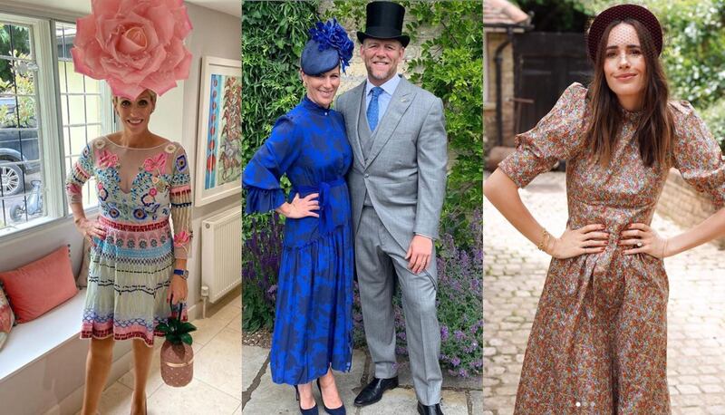 Would-be race goers, including Zara and Mike Tindall (centre) and Louise Roe (right) dress up for virtual Royal Ascot. Instagram 