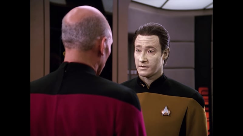 Actors Sir Patrick Stewart, left, and Brent Spiner debate the morality of political violence in their roles as Cpt Picard and Lt Commander Data in a 'Star Trek' episode that first aired in 1990. The episode was not shown unedited on UK television until 2007. Paramount Television