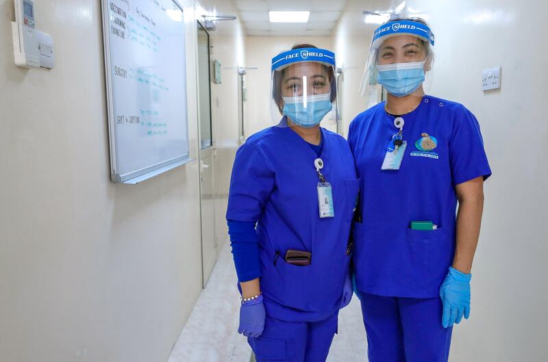 Abu Dhabi, United Arab Emirates, June 22, 2020.   
 Head Veterinarian and Supervisor of the Pet Care Center, Gelah Magtuba (left) with co-veterinarian, Ronalee Toribio at the Abu Dhabi Falcon Hospital.
Victor Besa  / The National
Section:  NA
Reporter:  Haneen Dajani