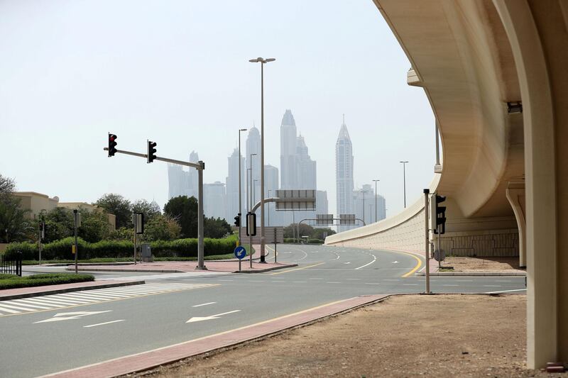 Dubai, United Arab Emirates - Reporter: N/A: Empty roads outside Dubai International academy school as the country goes into lockdown for 2 weeks due to the corona virus. Wednesday, April 8th, 2020. Dubai. Chris Whiteoak / The National