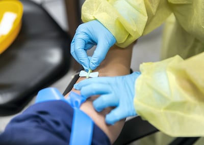 DUBAI, UNITED ARAB EMIRATES. 24 JUNE 2020. 
A patient gets an anti-body test at King's College Hospital.
(Photo: Reem Mohammed/The National)

Reporter:
Section: