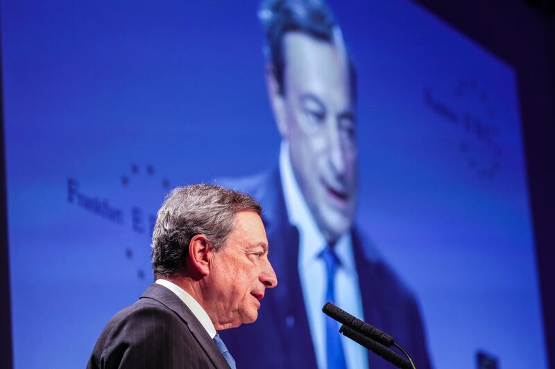 epa07169736 European Central Bank (ECB) President Mario Draghi speaks during the 28th Frankfurt European Banking Congress (EBC) at the Old Opera house in Frankfurt Main, Germany, 16 November 2018. The EBC aims at providing a forum for open and forward oriented discussion of European issues, their role in the world of politics and financial markets and has become an established meeting place for high level representatives from politics, business, finance, and academia.  EPA/ARMANDO BABANI