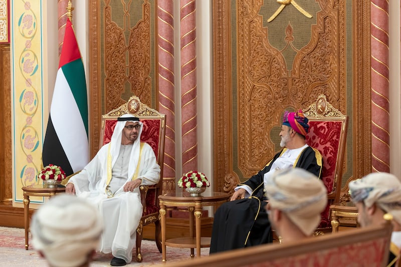 President Sheikh Mohamed speaks to Sultan Haitham. Photo: UAE Presidential Court