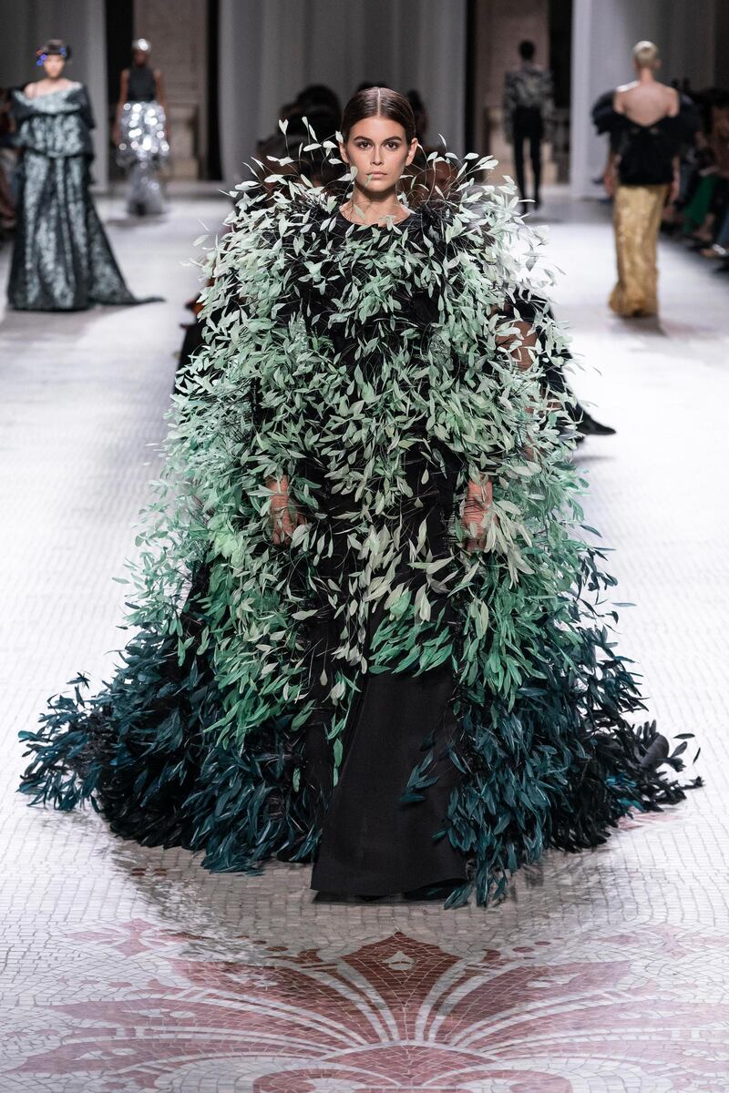 Ethereal in feathers, Kaia Gerber wears fall 2019 haute couture by Givenchy. Courtesy Givenchy