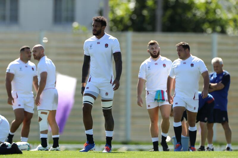 SAPPORO, JAPAN - SEPTEMBER 21:  Courtney Lawes (C) looks on during the England training session at Tsukisamu Rugby Club on September 21, 2019 in Sapporo, Japan. (Photo by David Rogers/Getty Images)