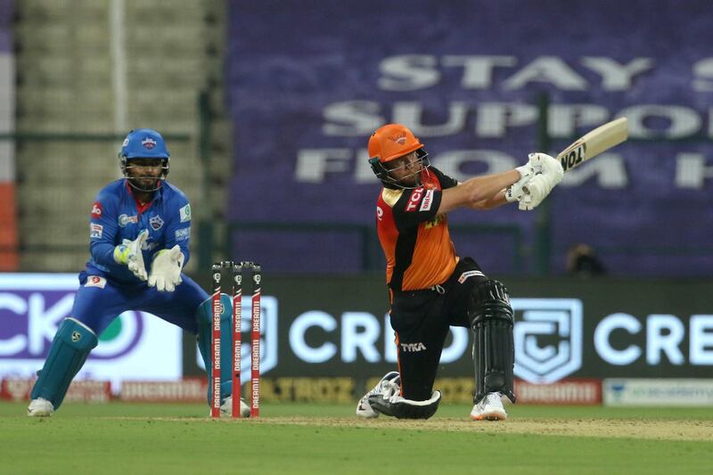 Jonny Bairstow of Sunrisers Hyderabad plays a shot during match 11 of season 13 of the Dream 11 Indian Premier League (IPL) between the Delhi Capitals and the Sunrisers Hyderabad held at the Sheikh Zayed Stadium, Abu Dhabi in the United Arab Emirates on the 29th September 2020.  Photo by: Vipin Pawar  / Sportzpics for BCCI