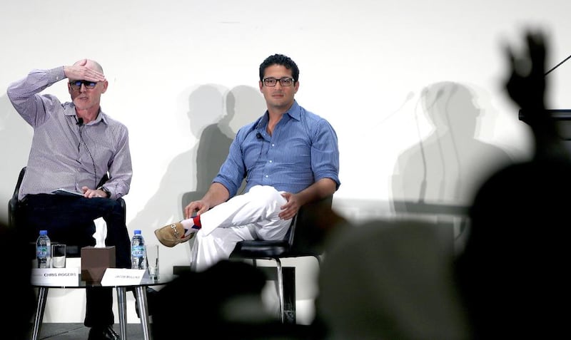 Christopher Rogers, left, a partner at Lumia Capital, answers questions with Jacob Mullins, the chief executive and founder of ExitRound, at the Angel Rising Investor Education Symposium at New York University Abu Dhabi. Ravindranath K / The National