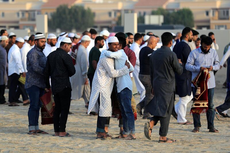 Dubai, United Arab Emirates - June 04, 2019: The first Eid prayer is performed at the Eid prayer ground. Tuesday the 4th of June 2019. Al Barsha, Dubai. Chris Whiteoak / The National