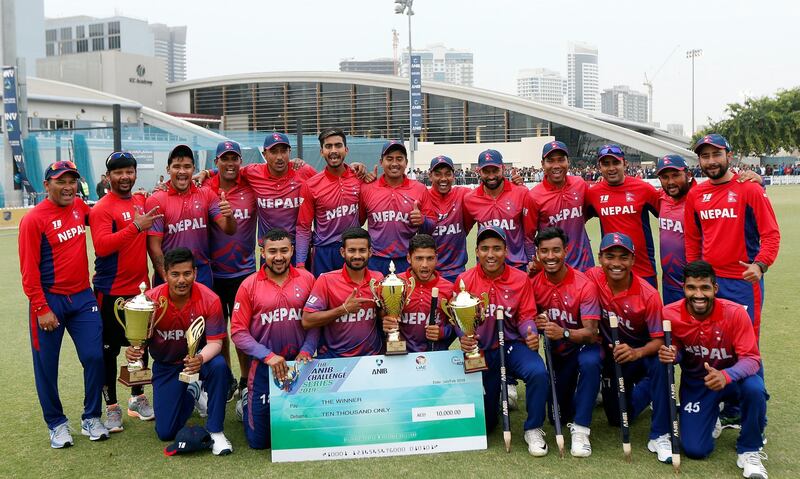 Dubai, February, 03,2019: Nepal team celebrates after winning the T20 series against UAE at the ICC Global Academy in Dubai. Satish Kumar/ For the National / Story by Paul Radley