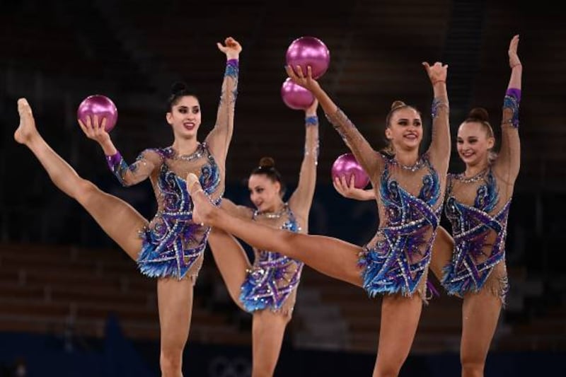 Team Israel competes in the group all-around final of the Rhythmic Gymnastics event during Tokyo 2020 Olympic Games at Ariake Gymnastics centre in Tokyo.