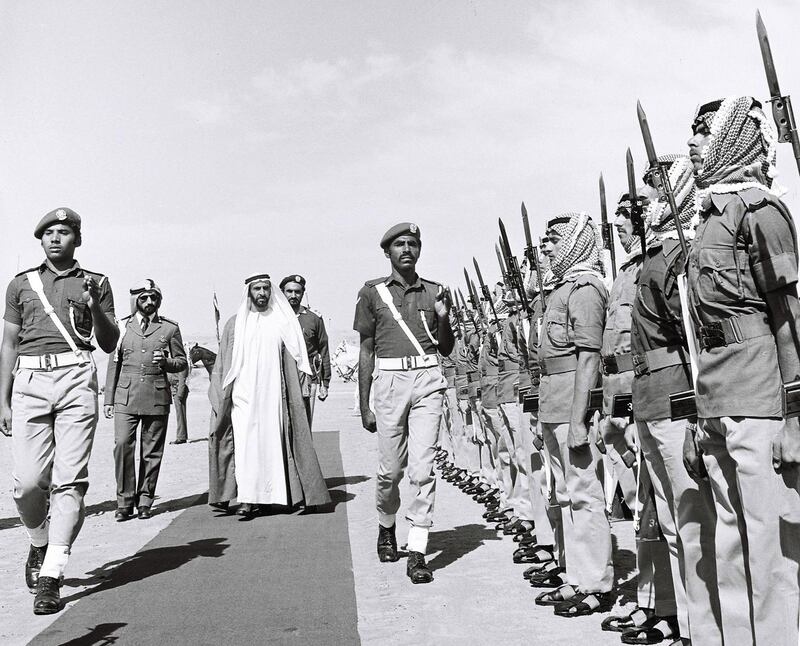 Photograph form the Itihad archive showing Shiekh Zayed at a military award ceremony in  Photograph from the Itihad archive showing Shiekh Zayed at a military award ceremony in 1976. Courtesy Al Itihad *** Local Caption ***  000008.JPG