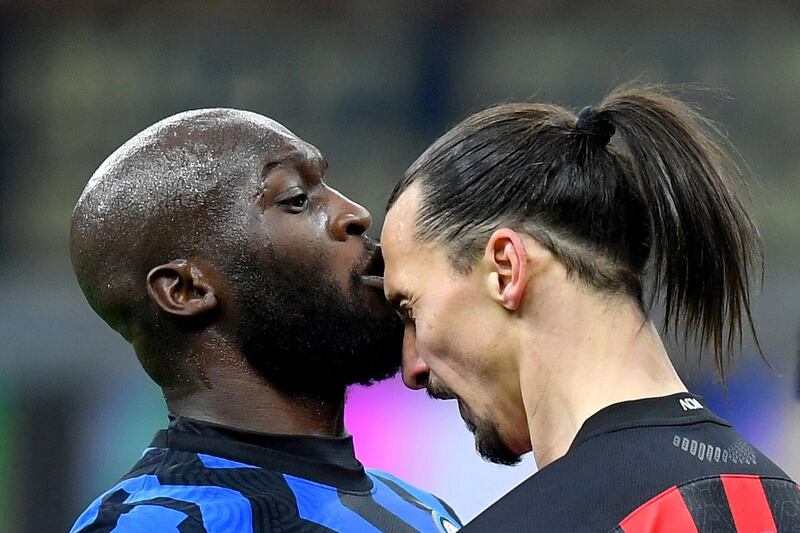 AC Milan's Zlatan Ibrahimovic, right, clashes with Romelu Lukaku of Inter Milan during the Coppa Italia quarter-final at the San Siro on Tuesday, January 26. Inter won the tie 2-1. Reuters