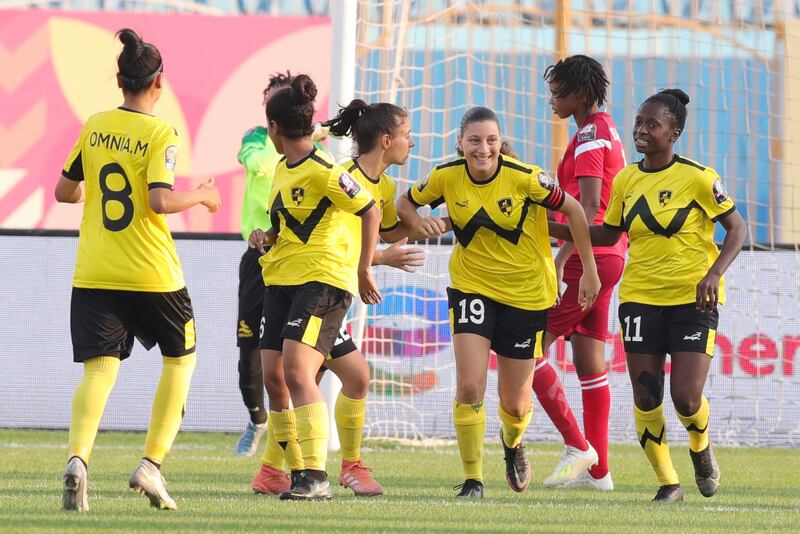 Noha Mamdouh Abdelaziz Elsolh, centre, celebrates scoring for Wadi Degla against AS Mande in the 2021 CAF Women's Champions League. © CAF Photos
