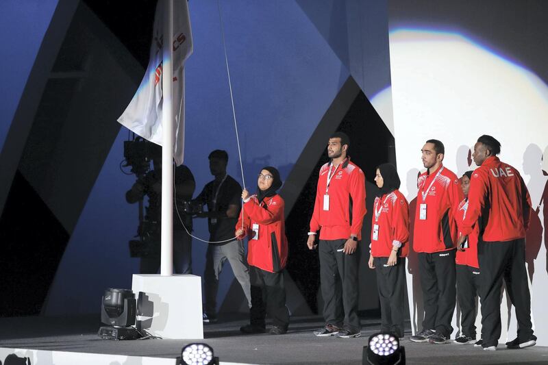 Abu Dhabi, United Arab Emirates - March 17th, 2018: The Flag is raised. The Opening Ceremony of the Special Olympics Regional Games. Saturday, March 17th, 2018. ADNEC, Abu Dhabi. Chris Whiteoak / The National