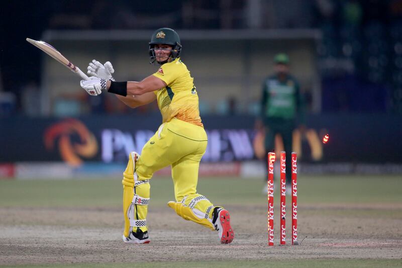 Australia's Sean Abbott is clean bowled by Pakistan's Haris Rauf. AP