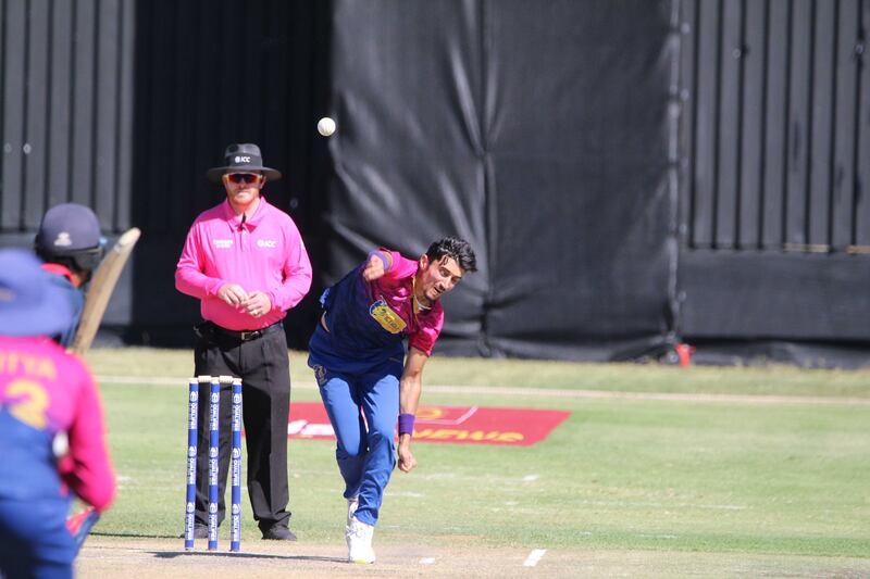 UAE bowler Matiullah in action against USA during the Cricket World Cup Qualifier Play-off in Namibia on Thursday, March 30, 2023. All photos Jan Willem Prinsloo for The National